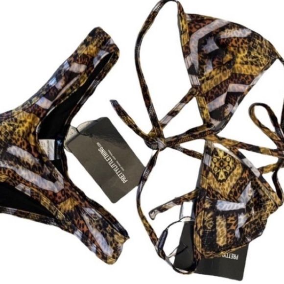 NWT pretty little things Brown Tribal Print Triangle Bikini Top & bottom… - Picture 3 of 8